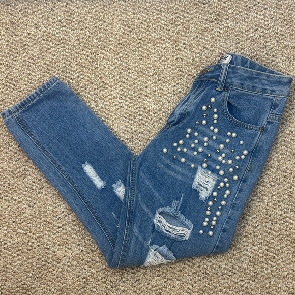 Agolde Blue Pearl Rhinestone Embellished High Rise Distressed Cropped XS Jeans - Picture 10 of 11